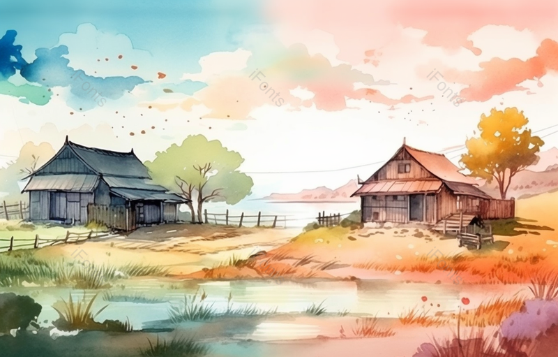 黄色蓝色房屋风景水彩画手绘场景,插画/手绘图,插画/手绘图库,插画/手绘图下载,插画/手绘